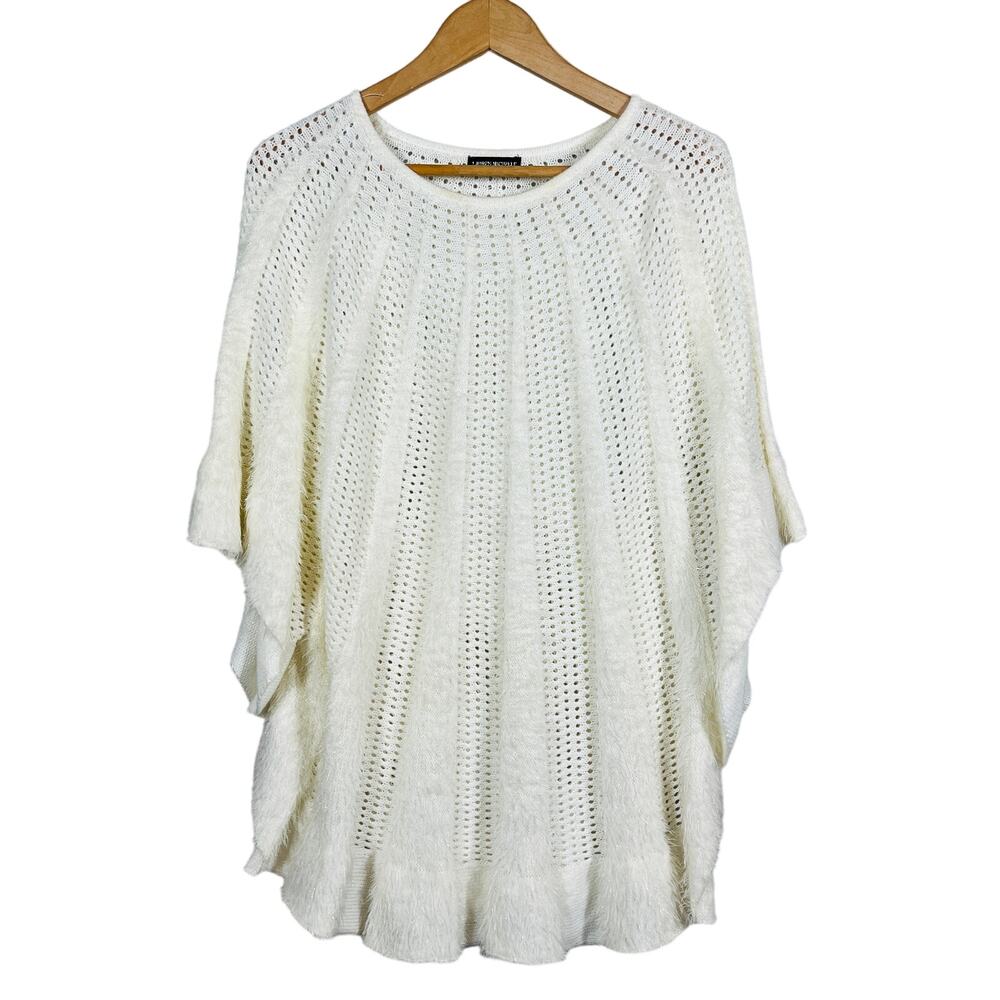 Lauren Michelle Metallic Thread Knit Shawl Cape Poncho Sleeveless White - OSFA